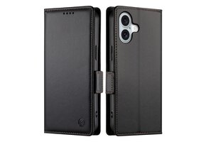 Lunso iPhone 17 hoesje - PU leren Bookcase met ruimte voor pasjes - Zwart