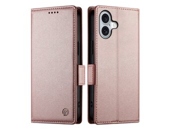 Lunso iPhone 17 hoesje - PU leren Bookcase met ruimte voor pasjes - Rose Goud