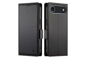 Lunso iPhone 17 Air hoesje - PU leren Bookcase met ruimte voor pasjes - Zwart