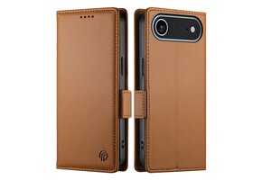 Lunso iPhone 17 Air hoesje - PU leren Bookcase met ruimte voor pasjes - Bruin