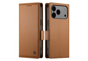 Lunso iPhone 17 Pro Max hoesje - PU leren Bookcase met ruimte voor pasjes - Bruin