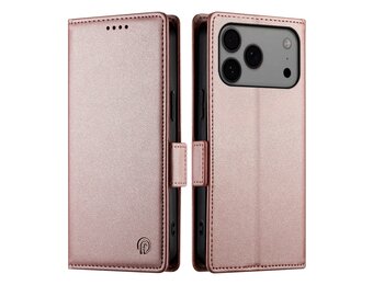 Lunso iPhone 17 Pro Max hoesje - PU leren Bookcase met ruimte voor pasjes - Rose Goud