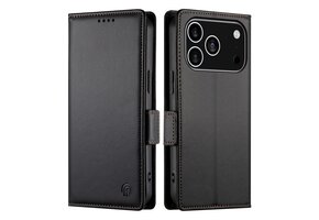 Lunso iPhone 18 Pro / iPhone 17 Pro hoesje - PU leren Bookcase met ruimte voor pasjes - Zwart