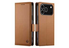 Lunso iPhone 17 Pro hoesje - PU leren Bookcase met ruimte voor pasjes - Bruin