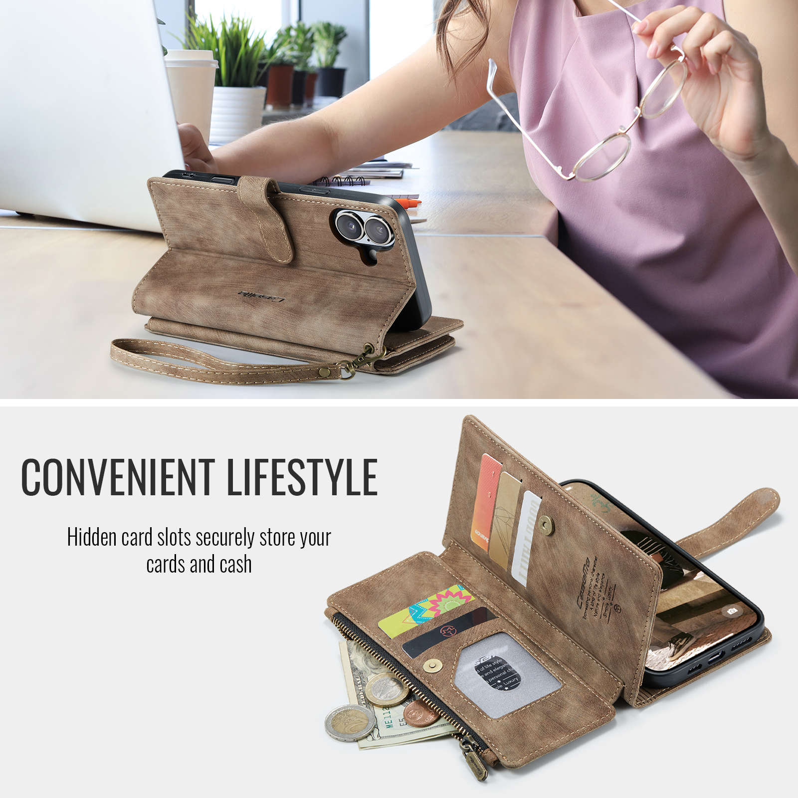 iPhone 17 PU leren hoesje portemonnee - Bruin