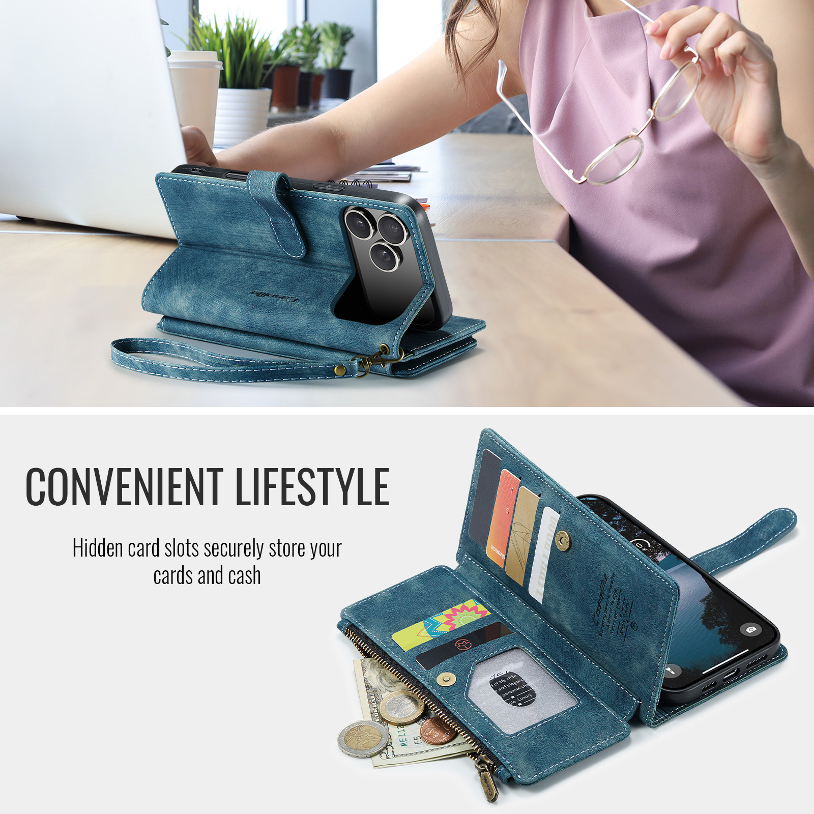 iPhone 18 Pro / iPhone 17 Pro PU leren hoesje portemonnee - Blauw