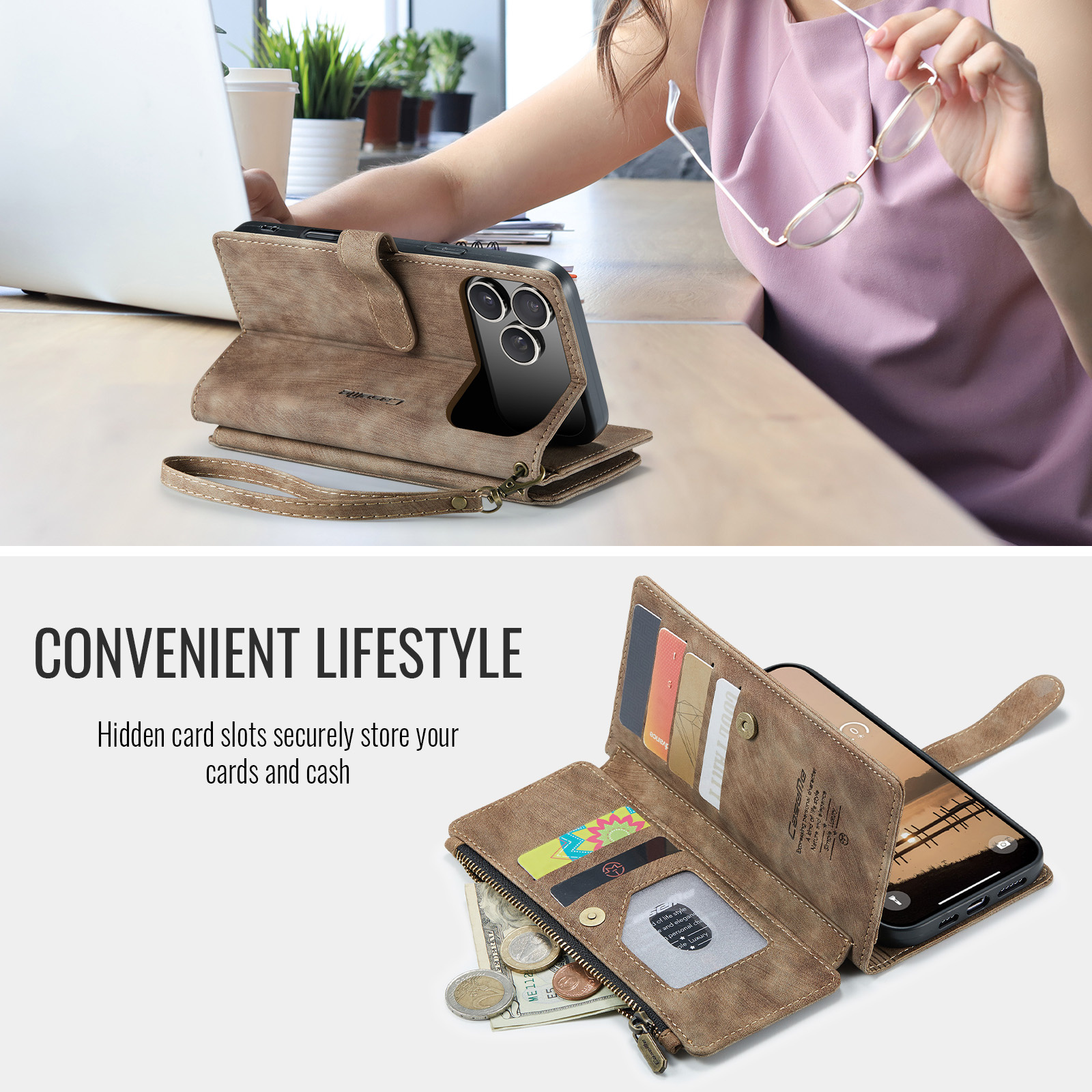 iPhone 18 Pro / iPhone 17 Pro PU leren hoesje portemonnee - Bruin