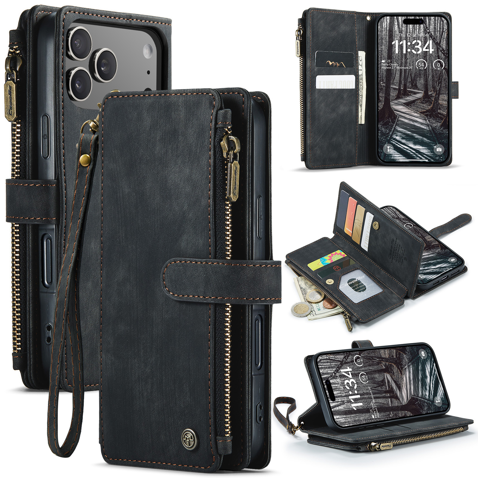 iPhone 18 Pro / iPhone 17 Pro PU leren hoesje portemonnee - Zwart