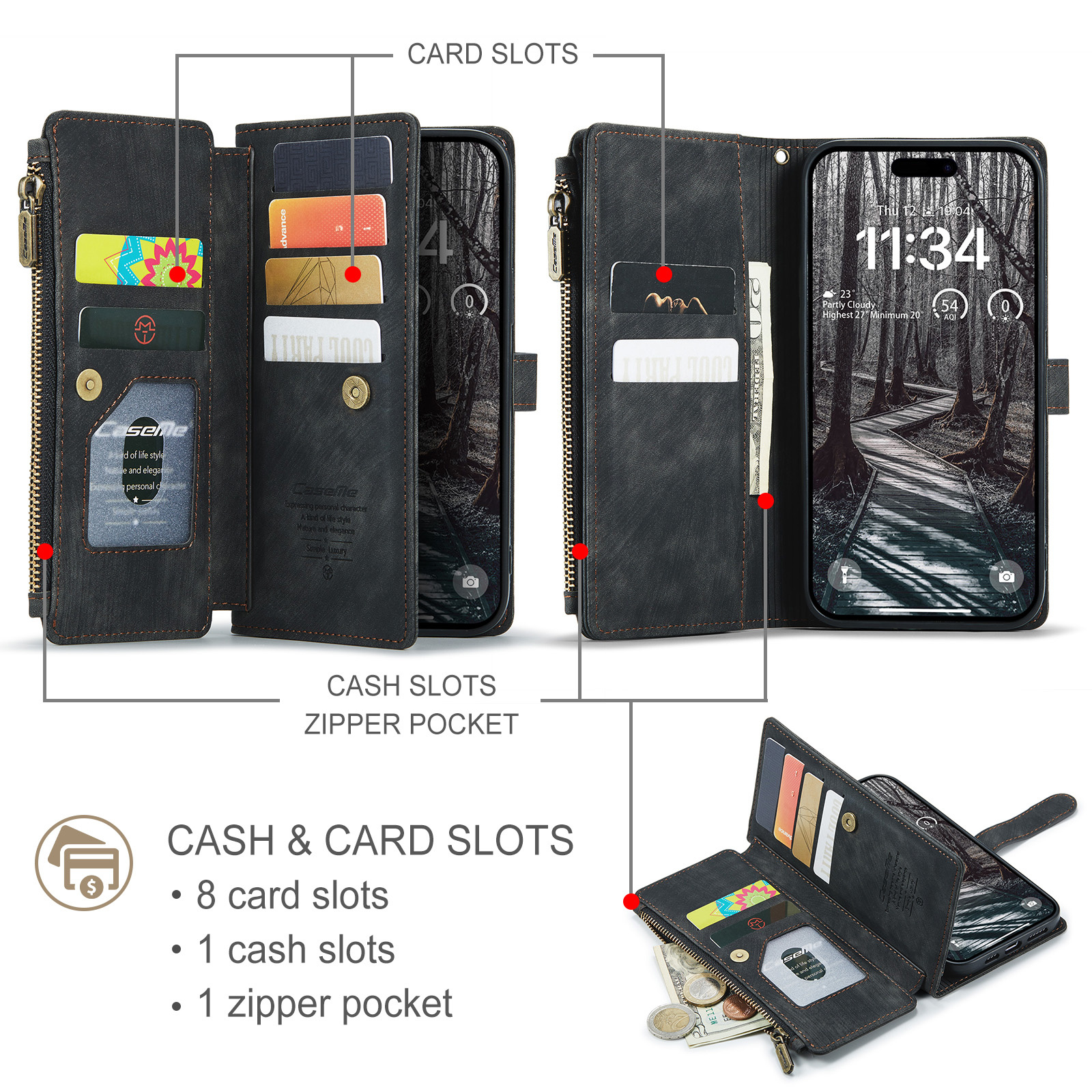 iPhone 18 Pro / iPhone 17 Pro PU leren hoesje portemonnee - Zwart