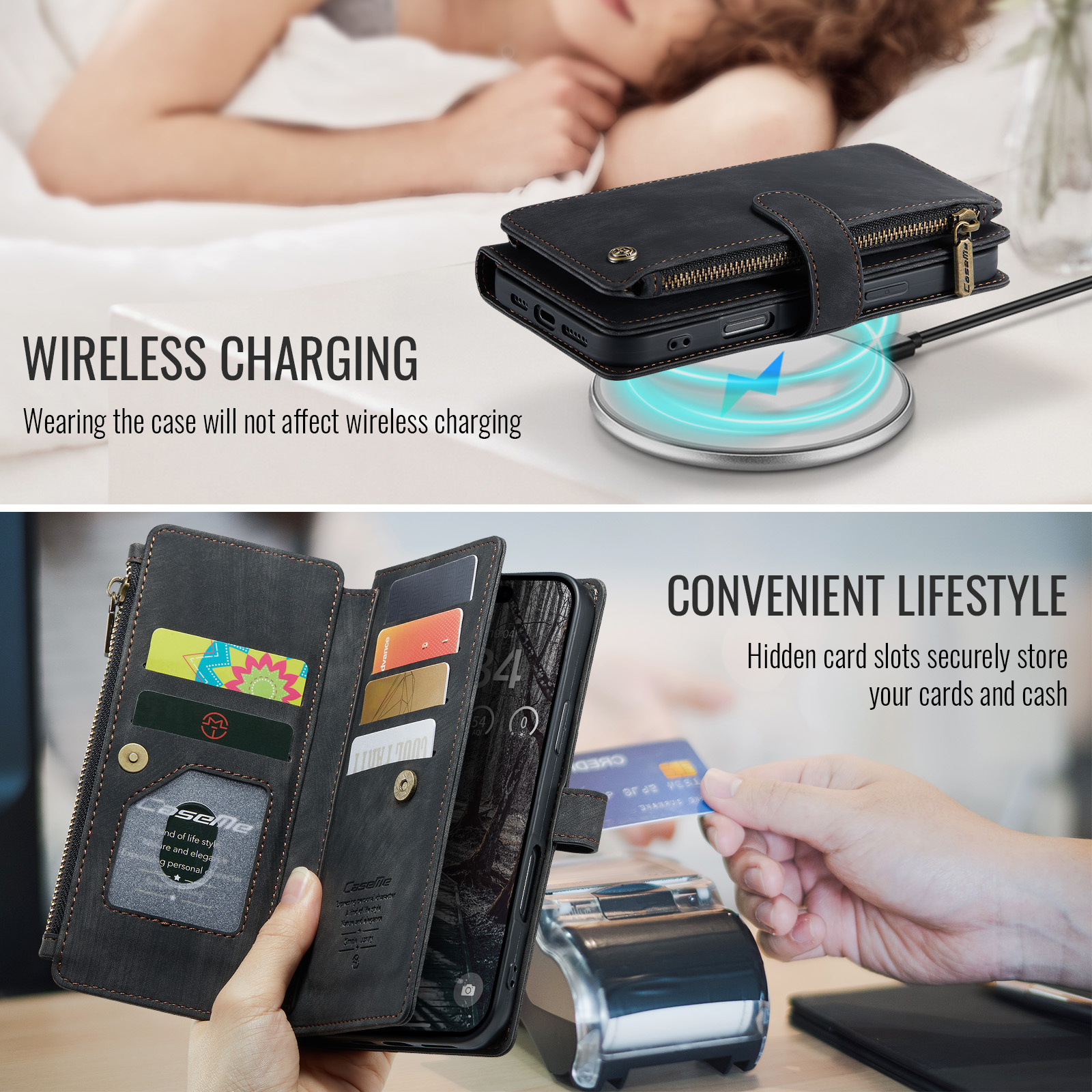 iPhone 18 Pro / iPhone 17 Pro PU leren hoesje portemonnee - Zwart