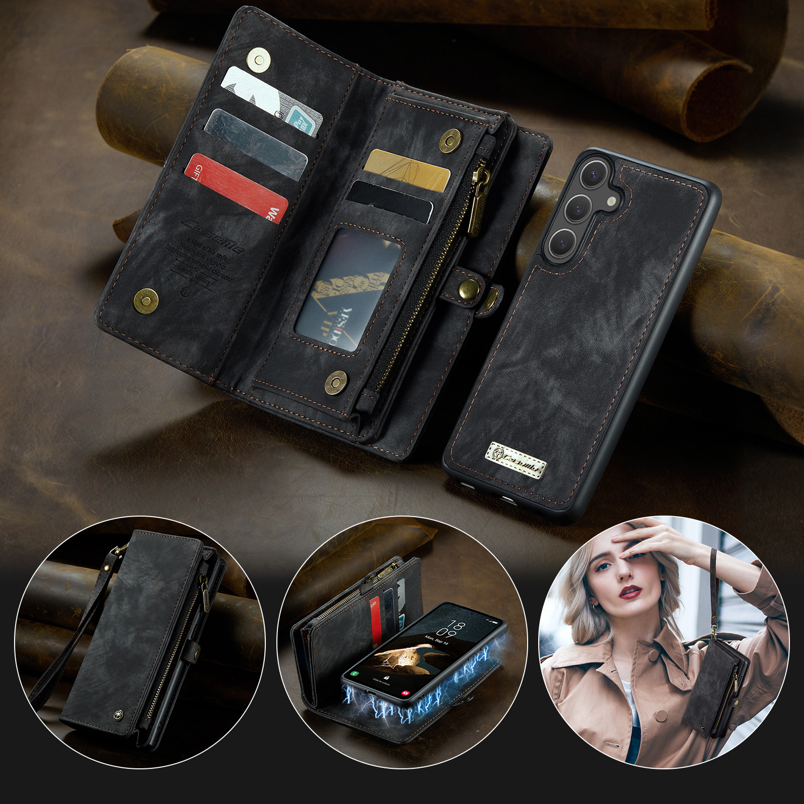 Samsung Galaxy S25 FE Vintage 2 in 1 portemonnee hoes - Zwart