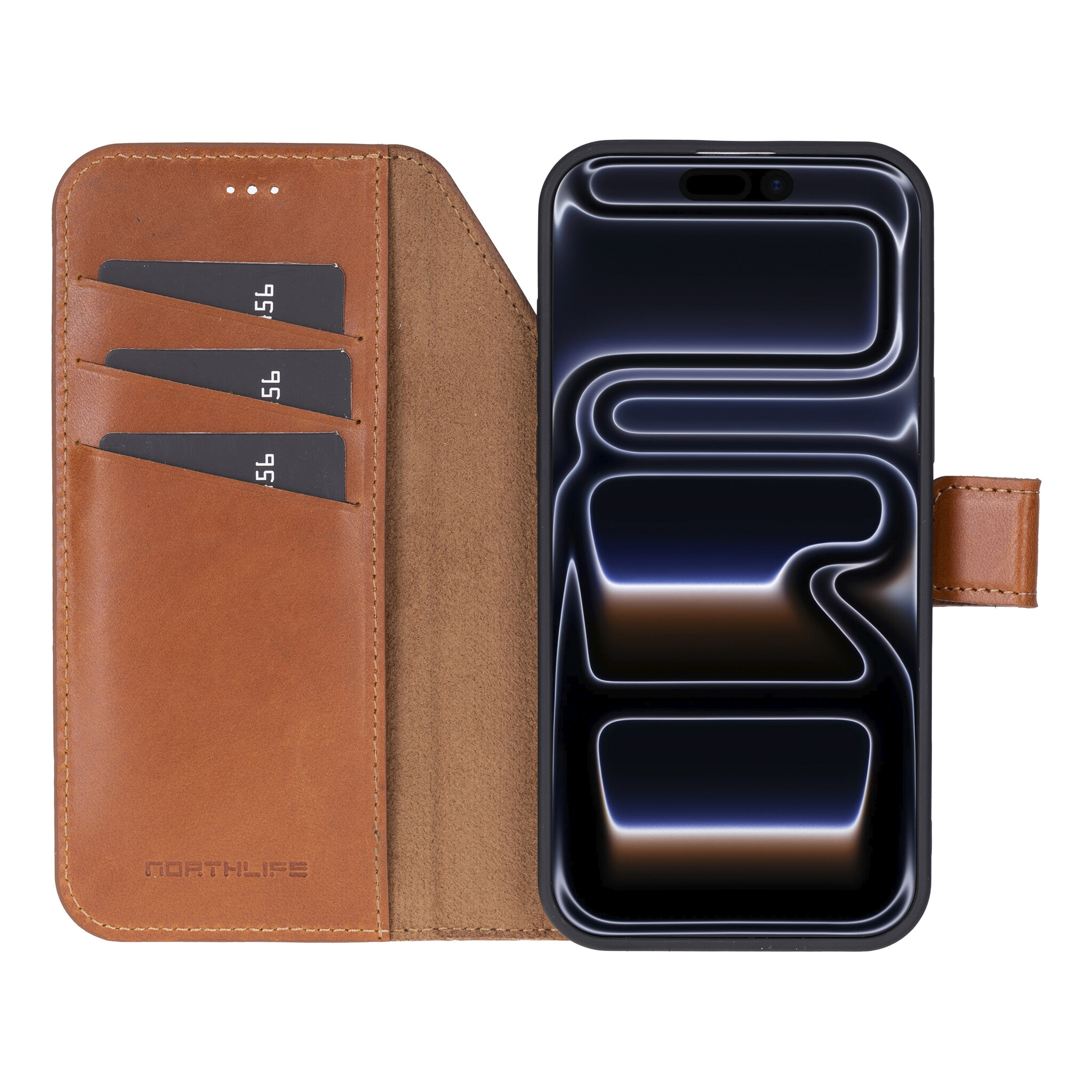 iPhone 17 Pro Max leren afneembare 2-in-1 bookcase telefoonhoes - Cognac