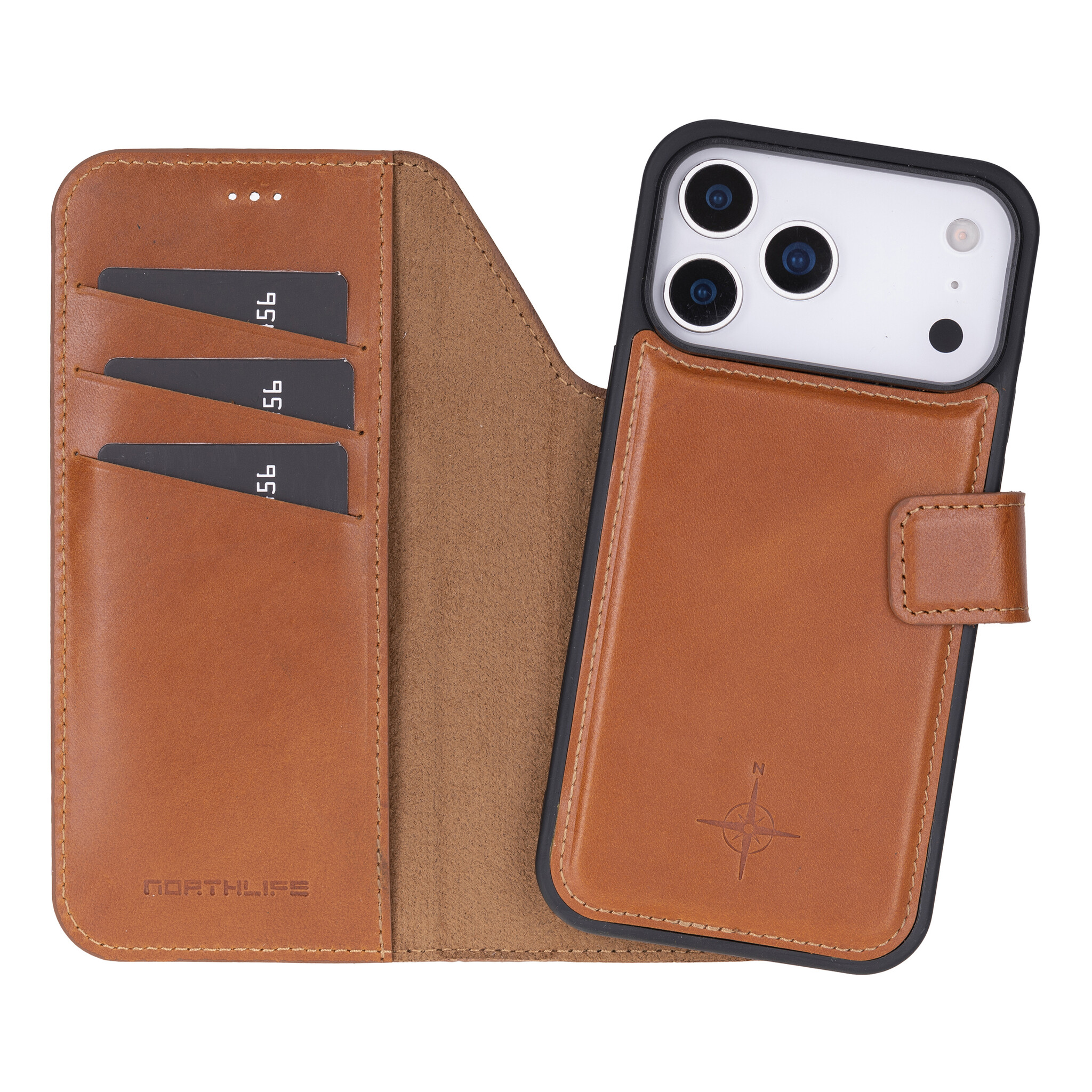 NorthLife iPhone 17 Pro Max - Leren Afneembare 2-in-1 bookcase telefoonhoes - Cognac