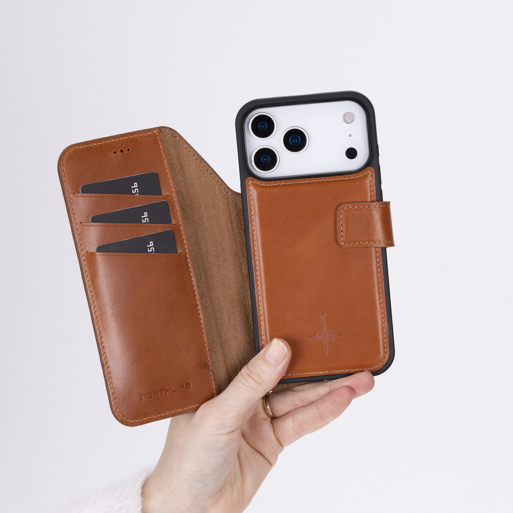 iPhone 17 Pro Max leren afneembare 2-in-1 bookcase telefoonhoes - Cognac