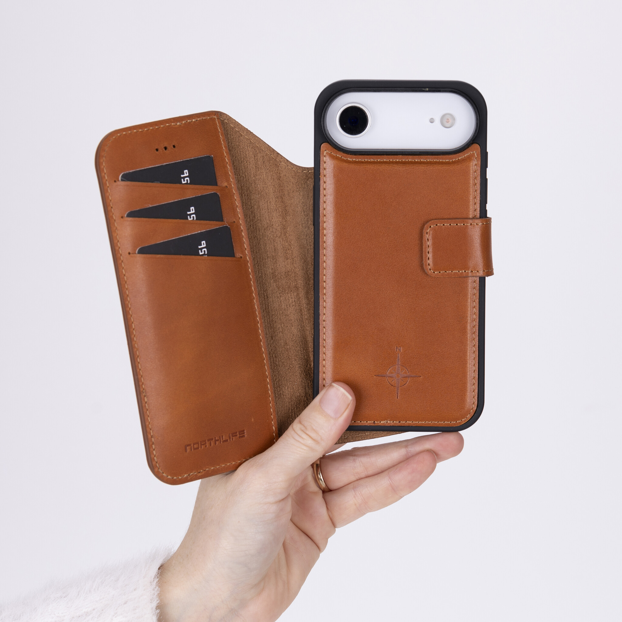 iPhone 17 Air leren afneembare 2-in-1 bookcase telefoonhoes - Cognac