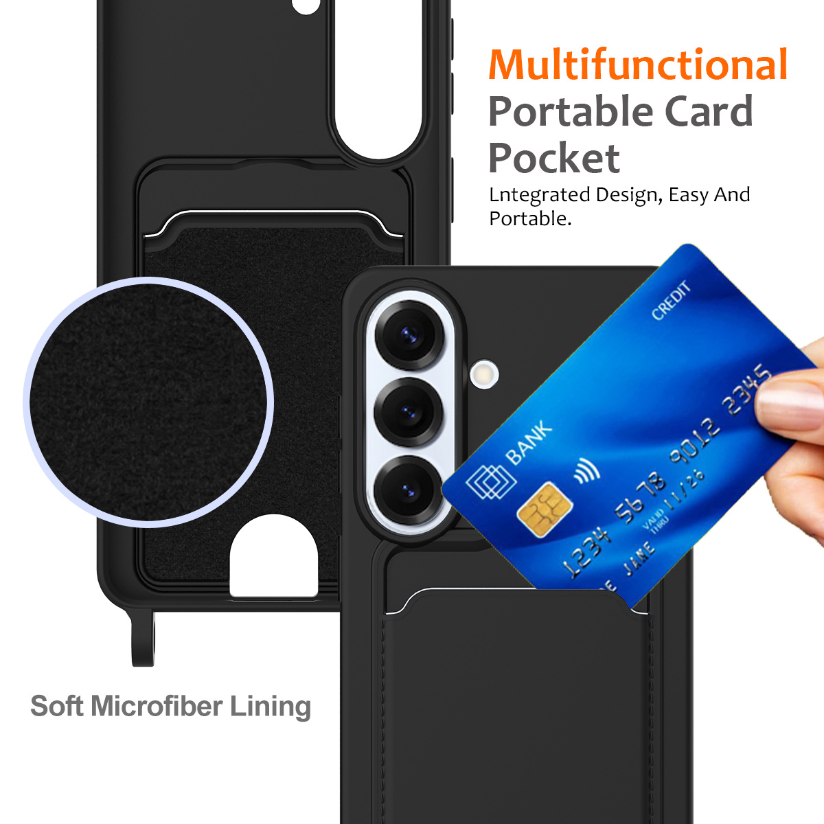 Samsung Galaxy S26 Telefoonhoes met koord + kaarthouder - Zwart