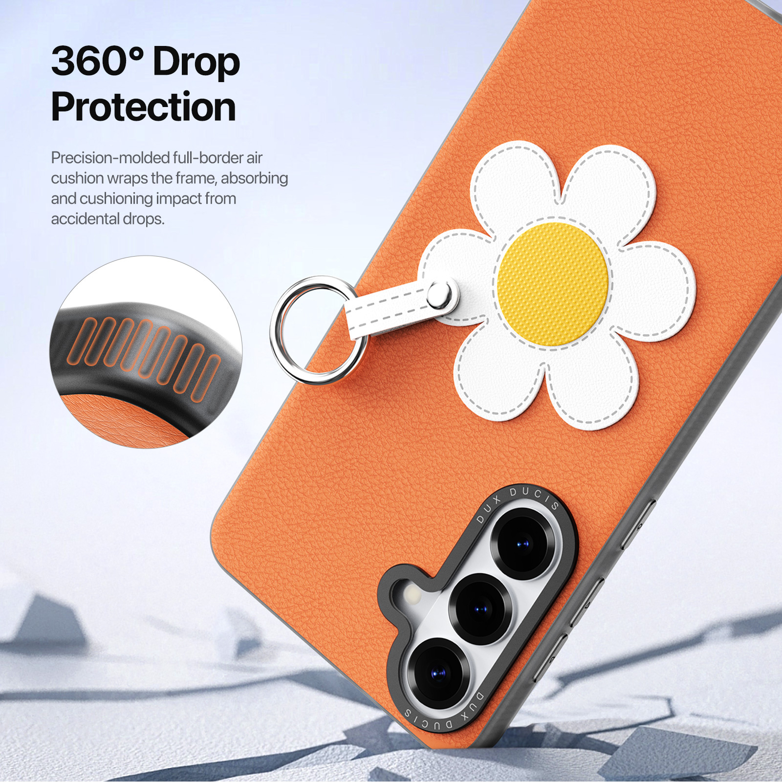 Samsung Galaxy S26 PU-leren backcover - 360° Ringhouder - Madeliefje/Oranje