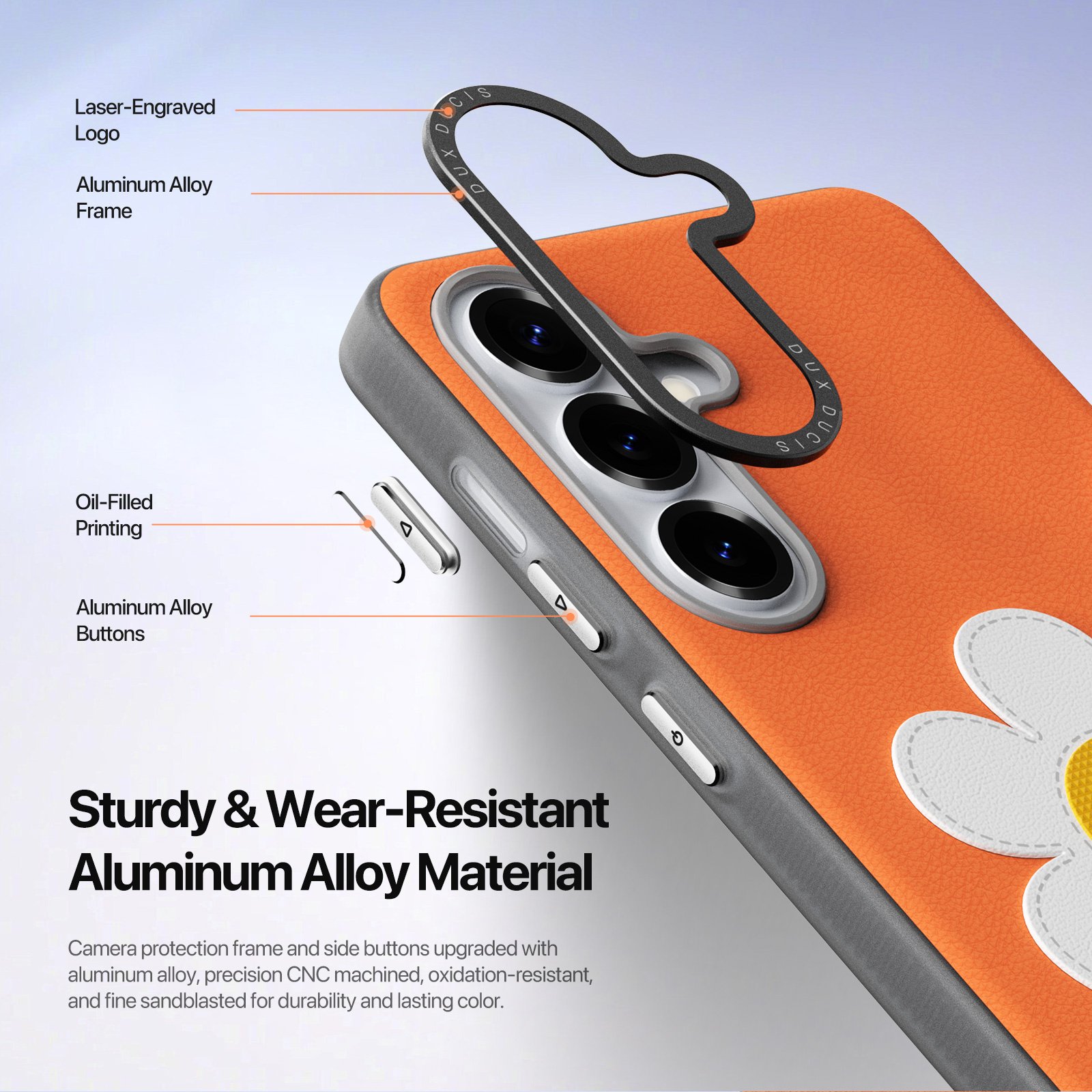 Samsung Galaxy S26 Ultra PU-leren backcover - 360° Ringhouder - Madeliefje/Oranje