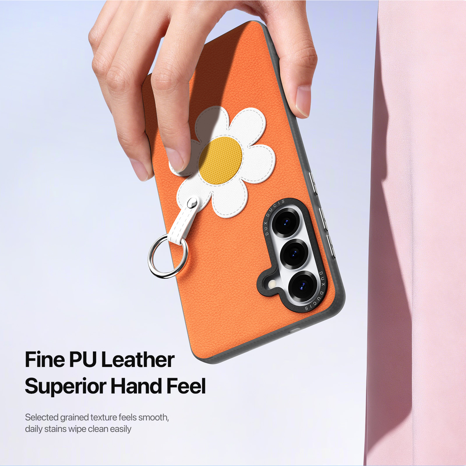 Samsung Galaxy S26 Ultra PU-leren backcover - 360° Ringhouder - Madeliefje/Oranje