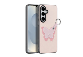 Dux Ducis Luvy Samsung Galaxy S26 Plus PU-leren backcover hoes met ringhouder - Vlinder/Lichtroze