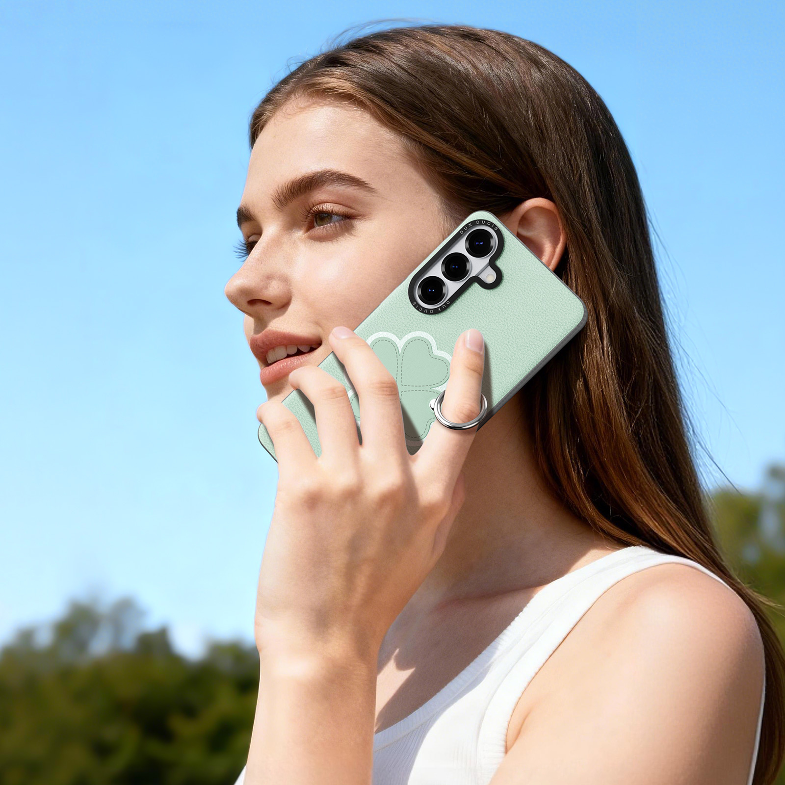 Samsung Galaxy S26 Plus PU-leren backcover - 360° Ringhouder - Klavertje/Groen