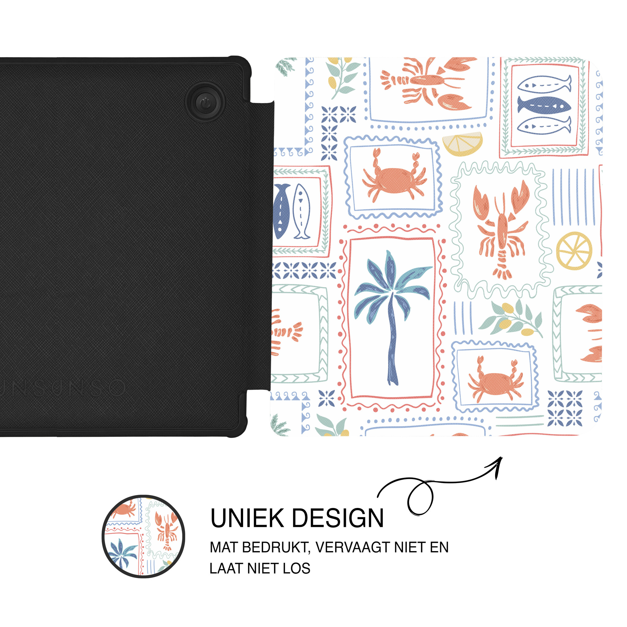Kobo Libra Colour Hoesje - Vegan Saffiano Leren Sleep Cover - Met Handband en Auto Wake/Sleep - Riviera Postcards