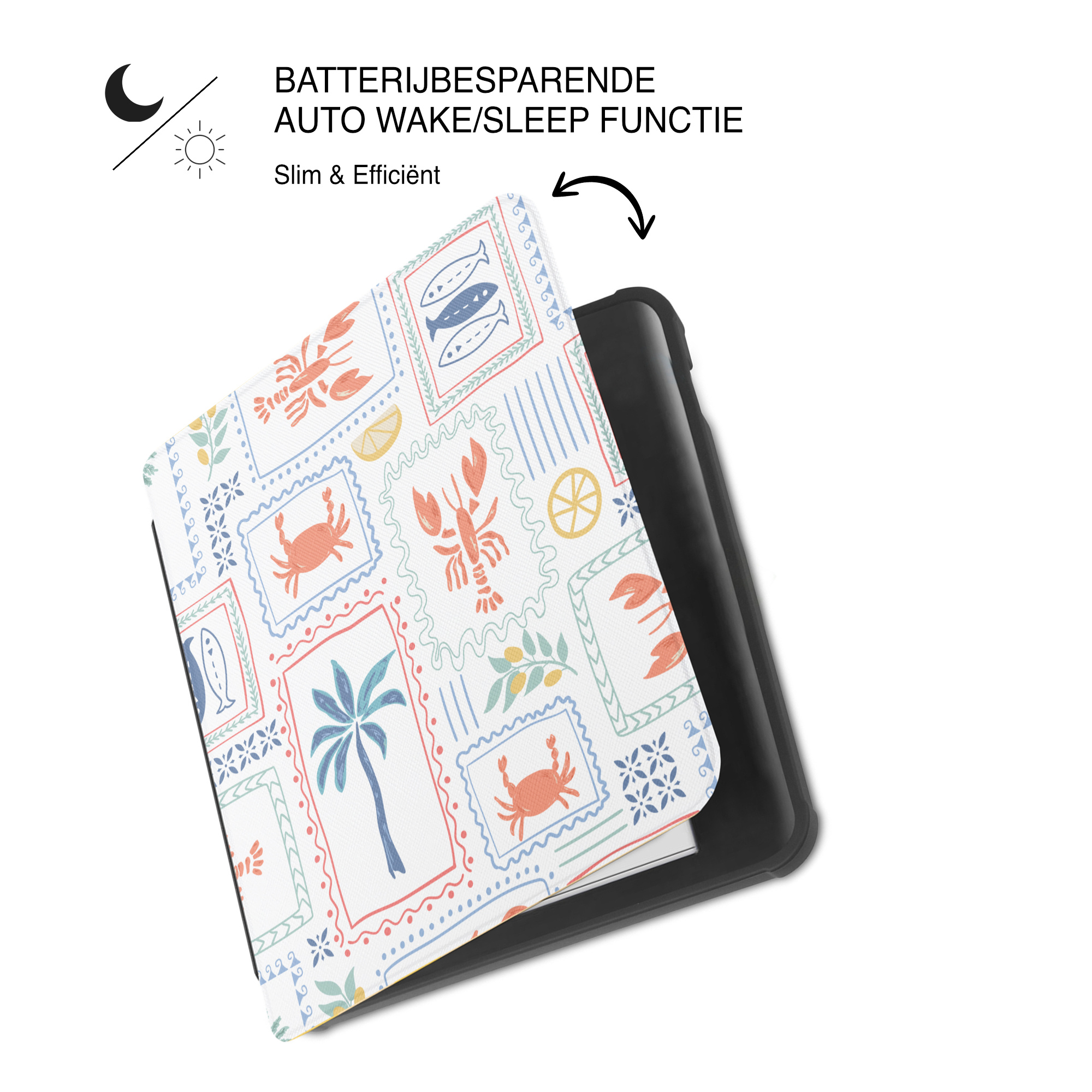 Kobo Libra Colour Hoesje - Vegan Saffiano Leren Sleep Cover - Met Handband en Auto Wake/Sleep - Riviera Postcards