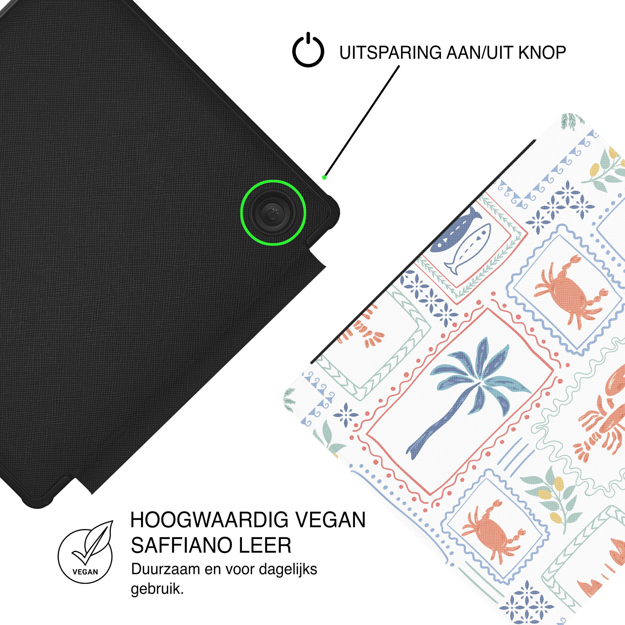 Kobo Libra Colour Hoesje - Vegan Saffiano Leren Sleep Cover - Met Handband en Auto Wake/Sleep - Riviera Postcards
