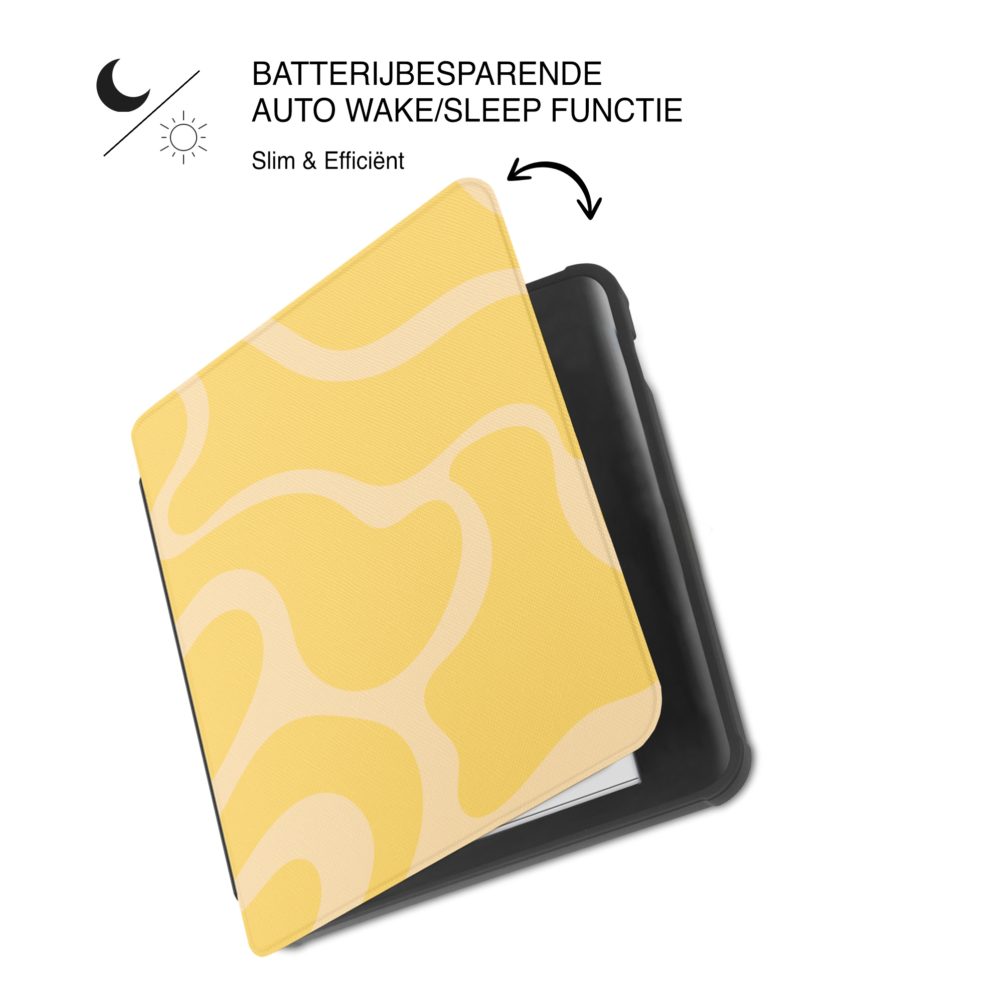 Kobo Libra Colour Hoesje - Vegan Saffiano Leren Sleep Cover - Met Handband en Auto Wake/Sleep - Yellow Wave