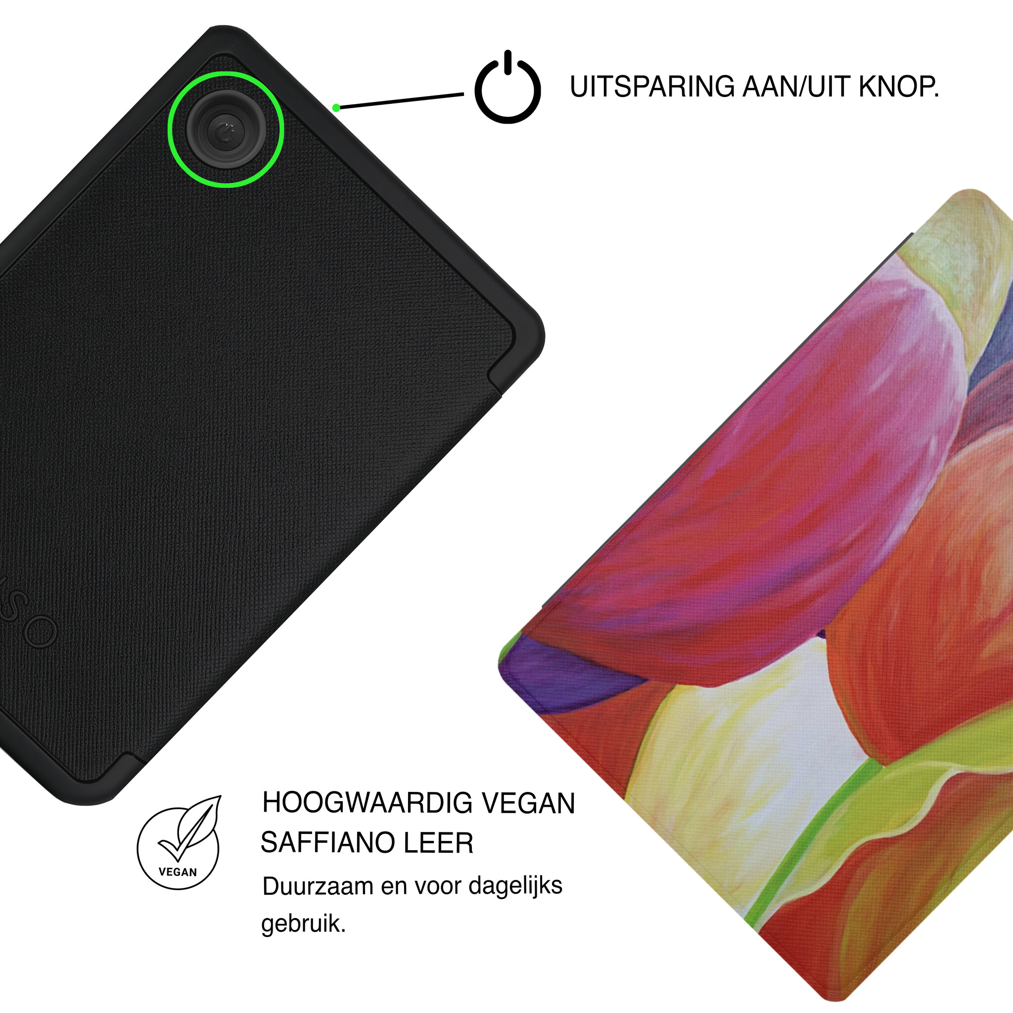 Kobo Clara BW / Clara Colour Hoesje - Vegan Saffiano Leren Sleep Cover - Met Handband en Auto Wake/Sleep - Tulpen