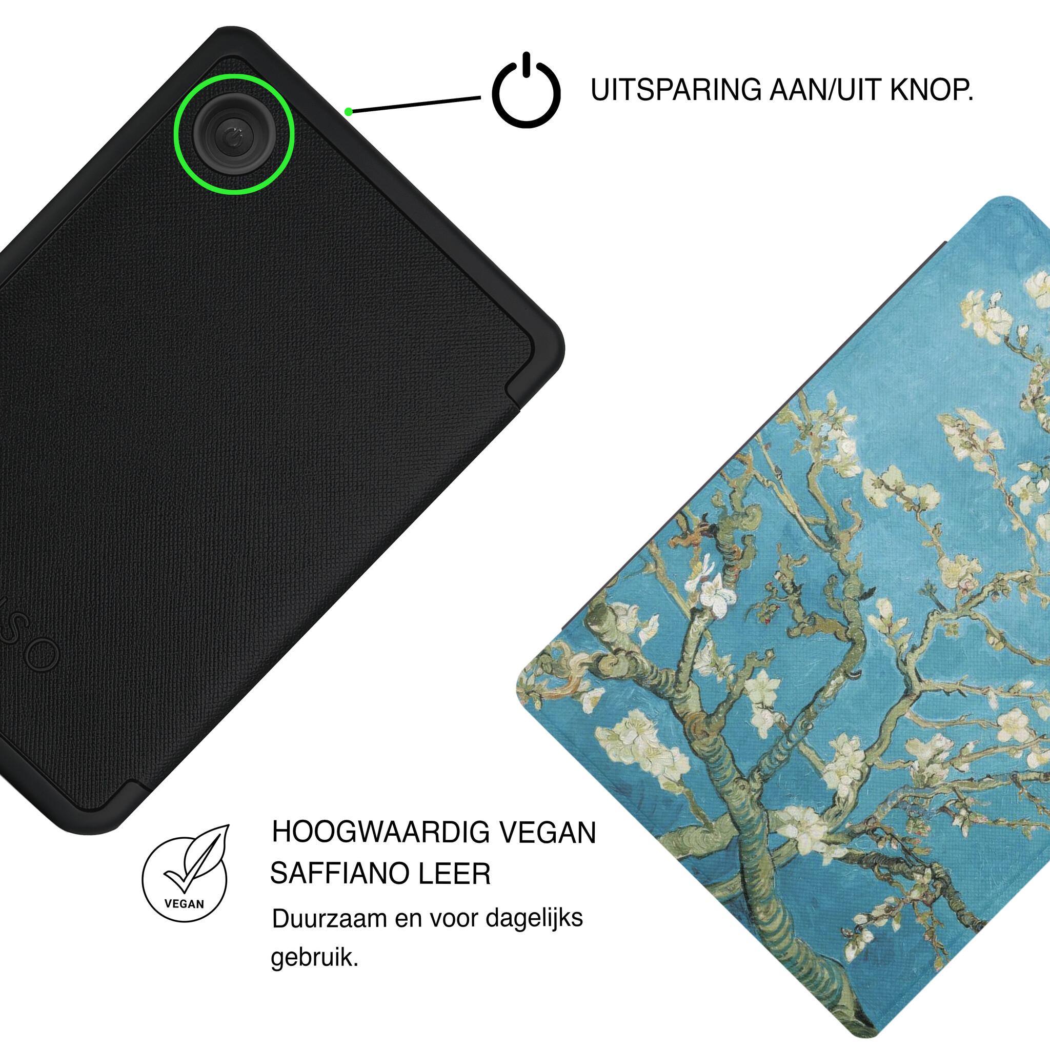 Kobo Clara BW / Clara Colour Hoesje - Vegan Saffiano Leren Sleep Cover - Met Handband en Auto Wake/Sleep - Van Gogh Amandelbloesem