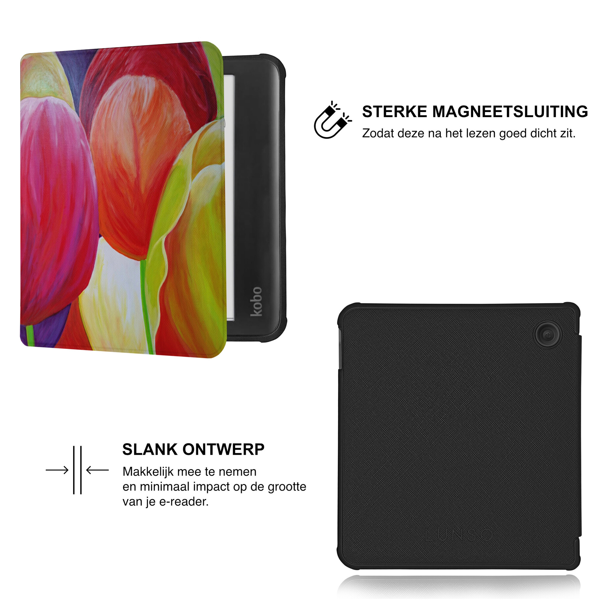Kobo Libra Colour Hoesje - Vegan Saffiano Leren Sleep Cover - Met Handband en Auto Wake/Sleep - Tulpen