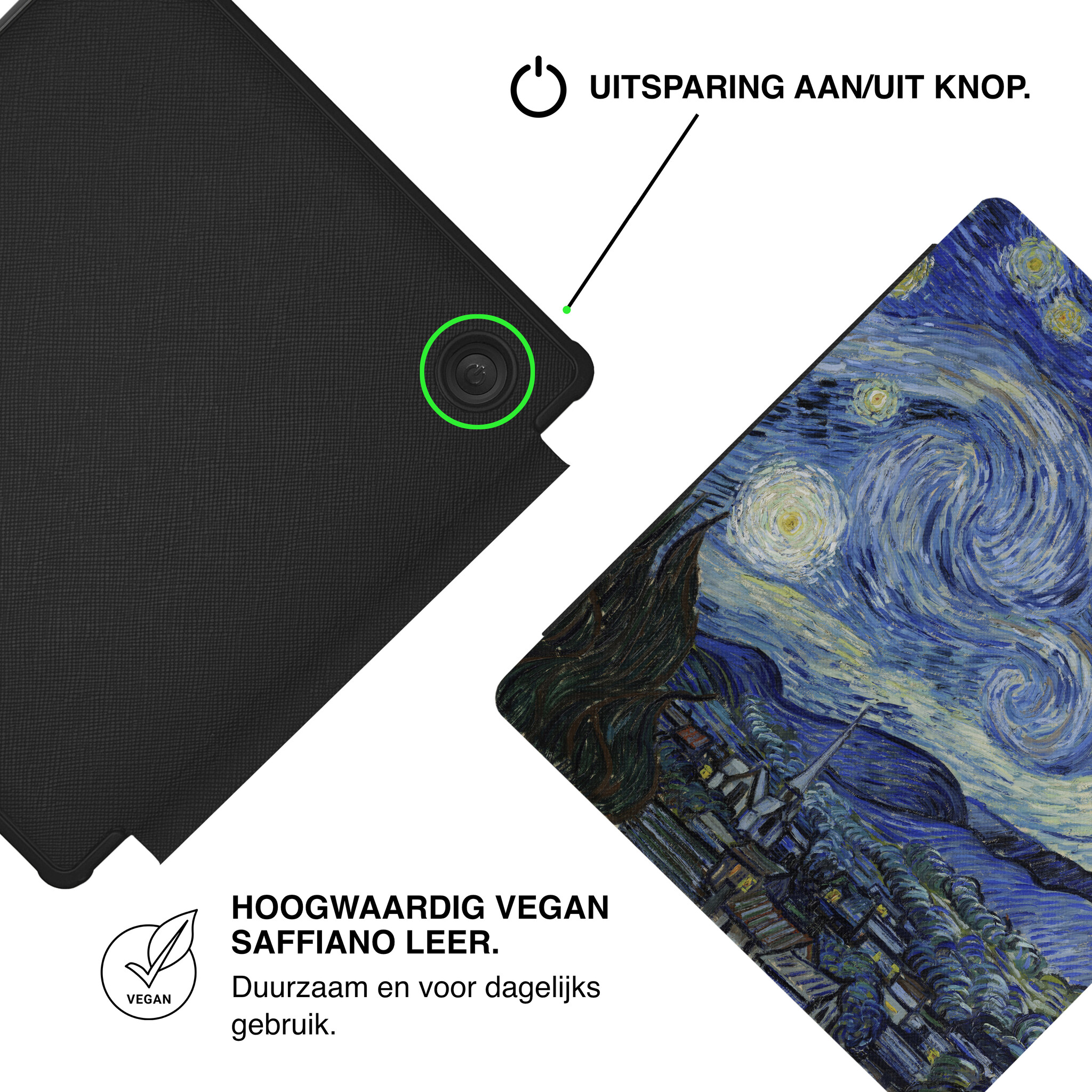 Kobo Libra Colour Hoesje - Vegan Saffiano Leren Sleep Cover - Met Handband en Auto Wake/Sleep - Van Gogh Sterrennacht