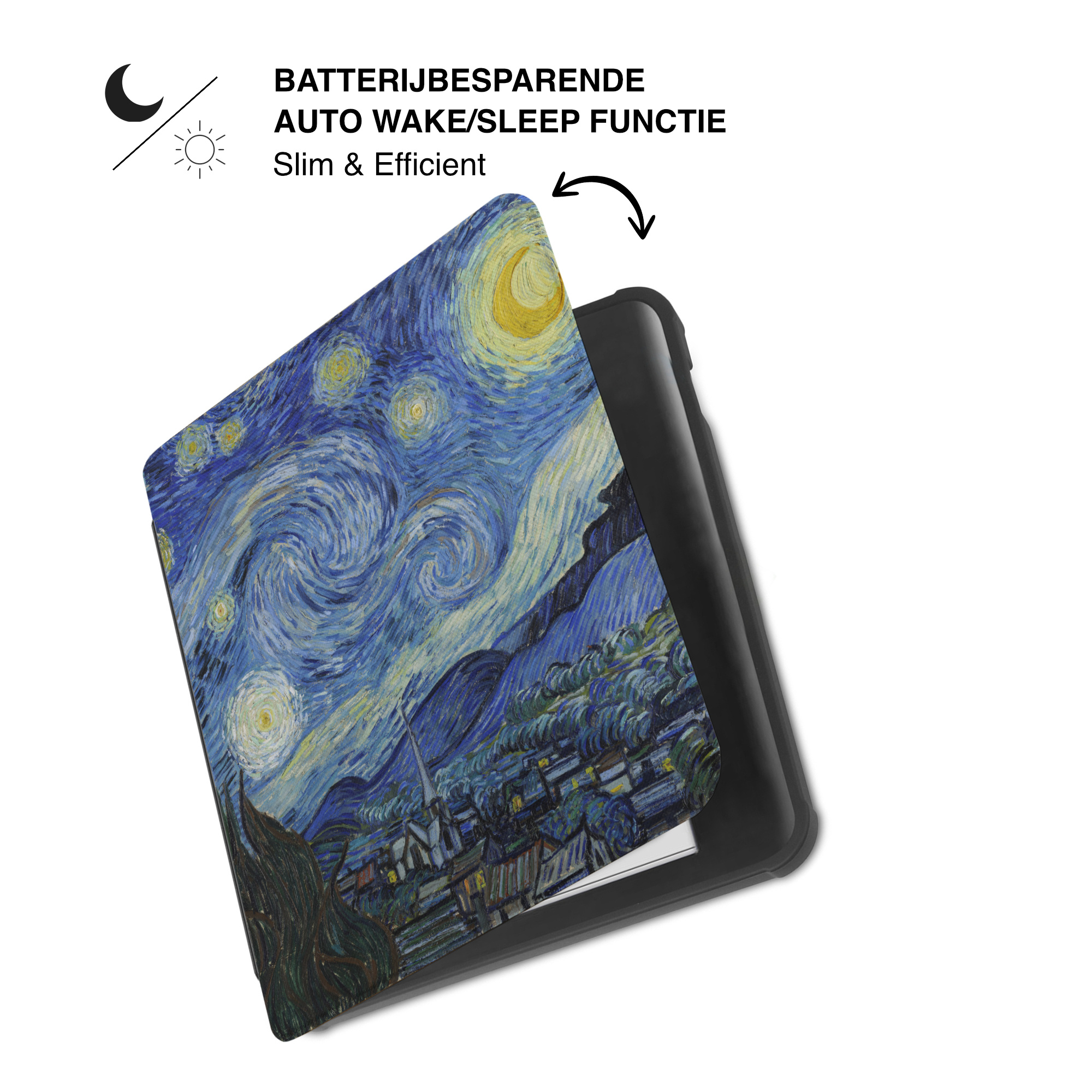 Kobo Libra Colour Hoesje - Vegan Saffiano Leren Sleep Cover - Met Handband en Auto Wake/Sleep - Van Gogh Sterrennacht