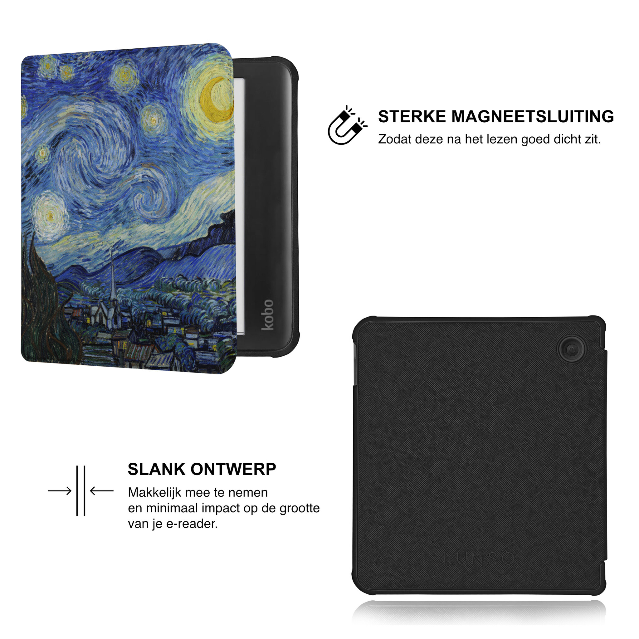 Kobo Libra Colour Hoesje - Vegan Saffiano Leren Sleep Cover - Met Handband en Auto Wake/Sleep - Van Gogh Sterrennacht