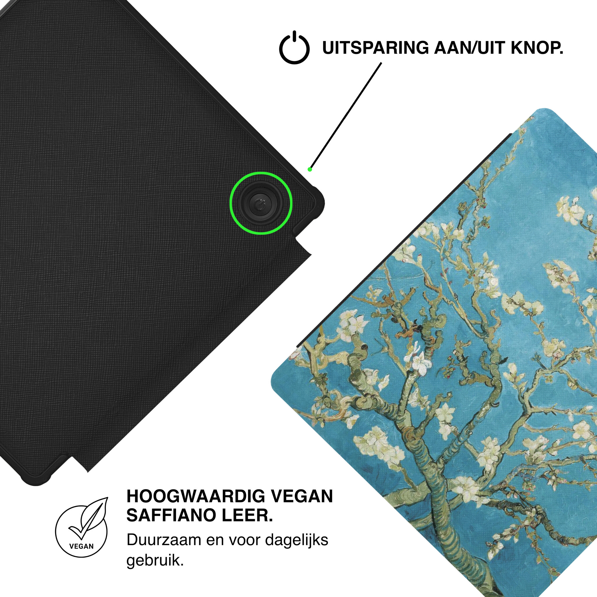 Kobo Libra Colour Hoesje - Vegan Saffiano Leren Sleep Cover - Met Handband en Auto Wake/Sleep - Van Gogh Amandelbloesem