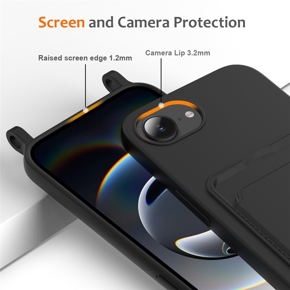 iPhone 17e / iPhone 16e Telefoonhoes met koord + kaarthouder - Zwart