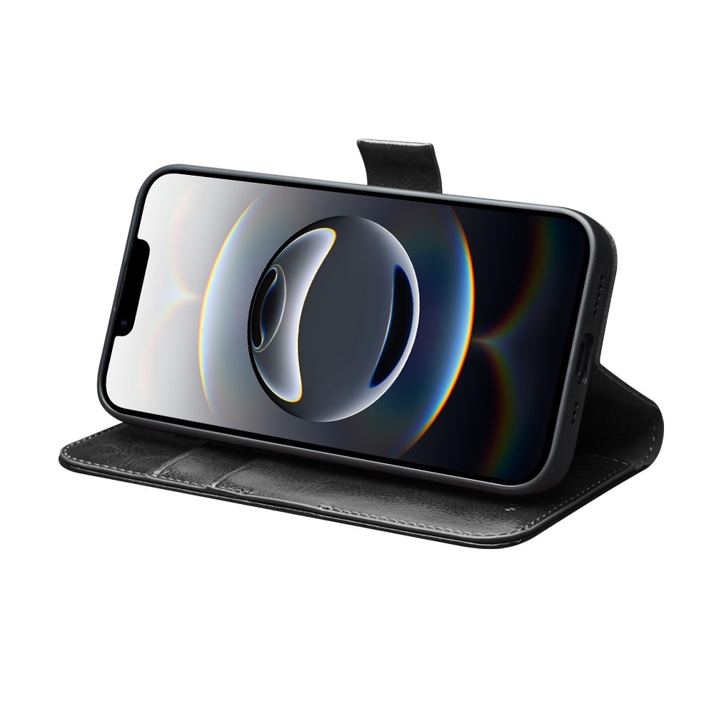 iPhone 17e / iPhone 16e luxe echt leren bookcase hoesje - Magnetische sluiting - Zwart