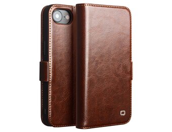 Qialino iPhone 17e / iPhone 16e hoesje - Leren bookcase - Magnetische sluiting - Bruin