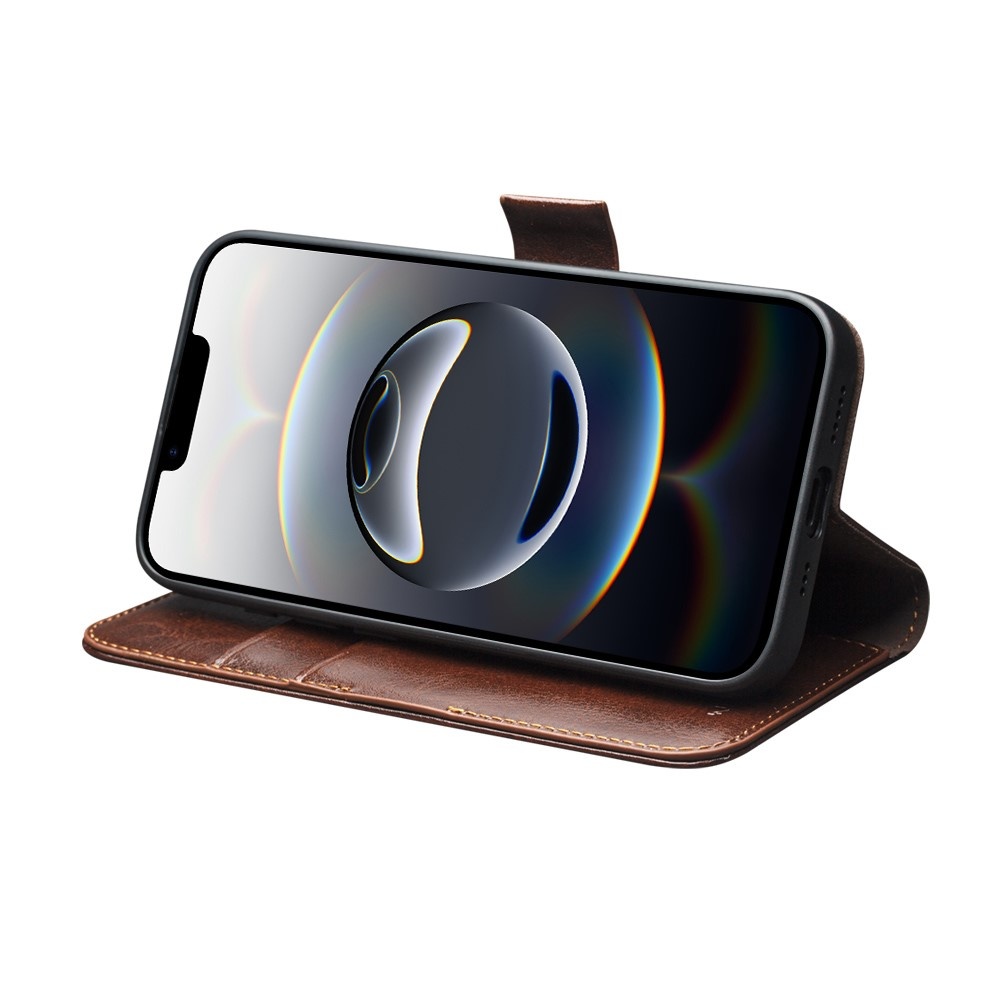 iPhone 17e / iPhone 16e luxe echt leren bookcase hoesje - Magnetische sluiting - Bruin