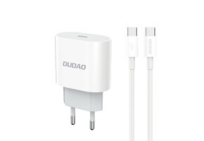 Dudao - EU Stekker met USB-C oplader - USB-C naar USB-C aansluiting - 20w oplaadkabel - Datakabel - 1 Meter - Wit
