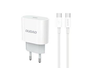 Dudao - EU Stekker met USB-C oplader - USB-C naar USB-C aansluiting - 20w oplaadkabel - Datakabel - 1 Meter - Wit
