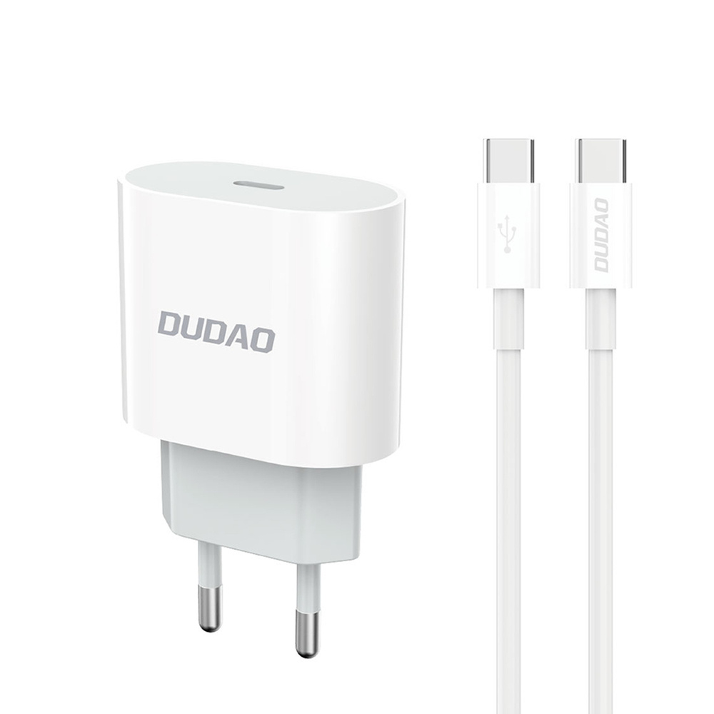 Dudao - EU Stekker met USB-C oplader - USB-C naar USB-C aansluiting - 20w oplaadkabel - Datakabel - 1 Meter - Wit