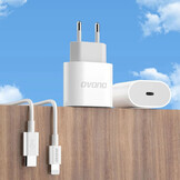 EU Stekker met USB-C naar USB-C oplader (20W) en datakabel van 1 Meter - Wit