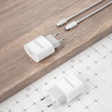 EU Stekker met USB-C naar USB-C oplader (20W) en datakabel van 1 Meter - Wit