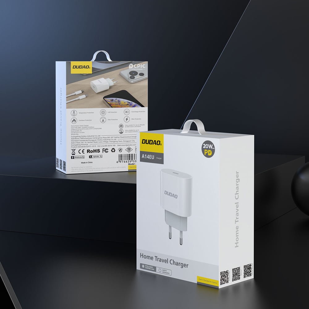 EU Stekker met USB-C naar USB-C oplader (20W) en datakabel van 1 Meter - Wit