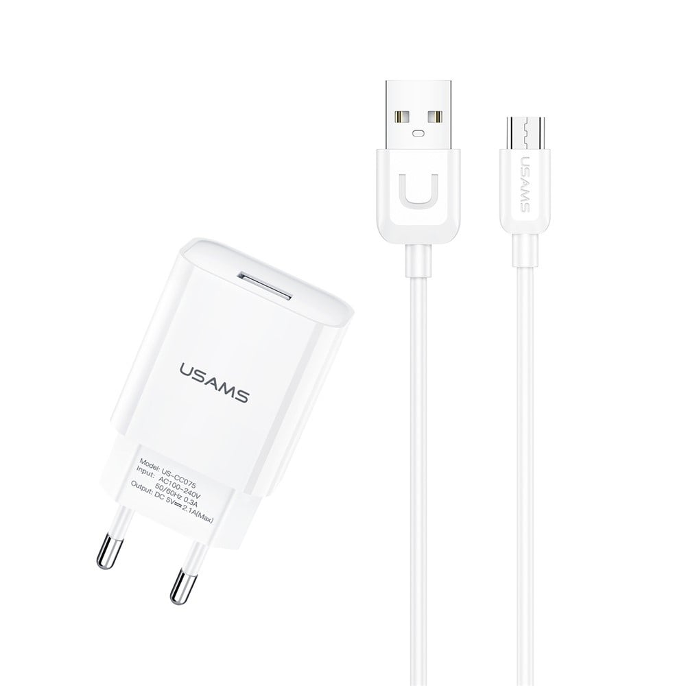Travel Charger Set - EU Stekker met USB naar Micro-USB Oplaadkabel en Datakabel - 10W / 2.1A - 1 Meter - Wit