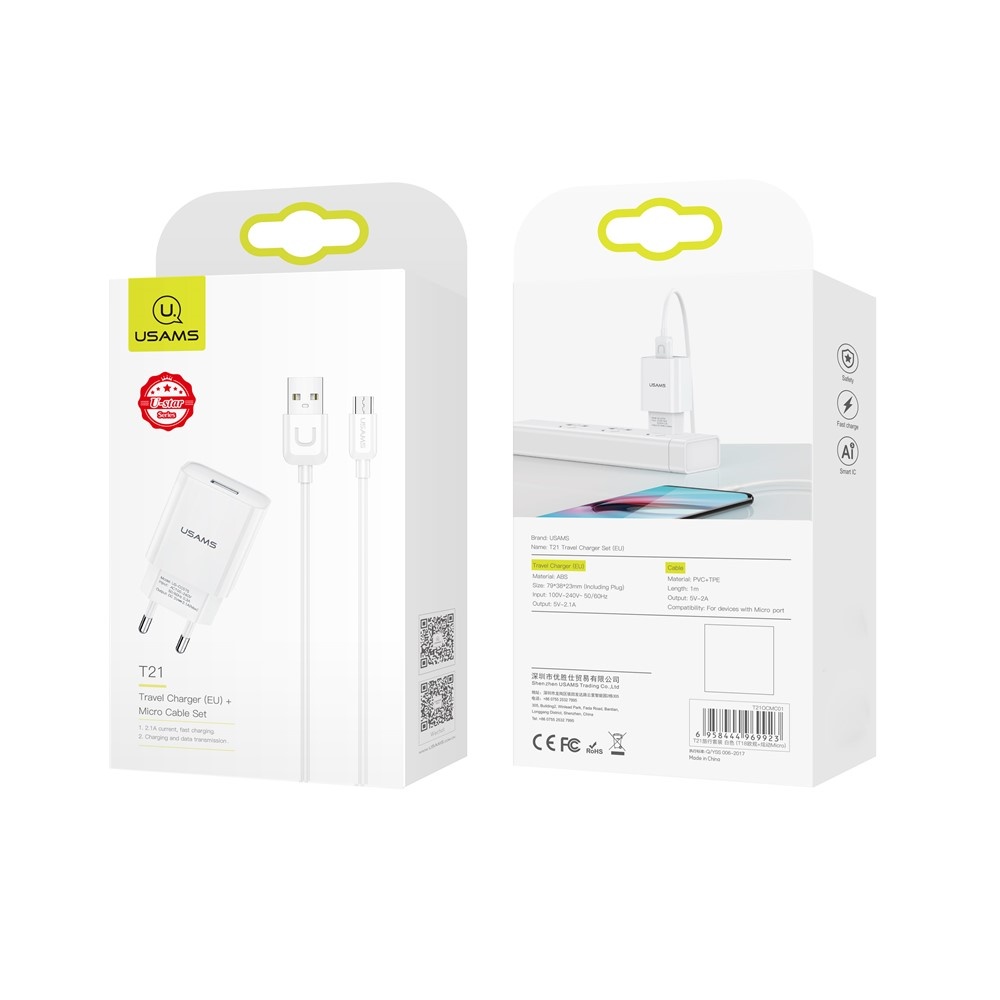 Travel Charger Set - EU Stekker met USB naar Micro-USB Oplaadkabel en Datakabel - 10W / 2.1A - 1 Meter - Wit