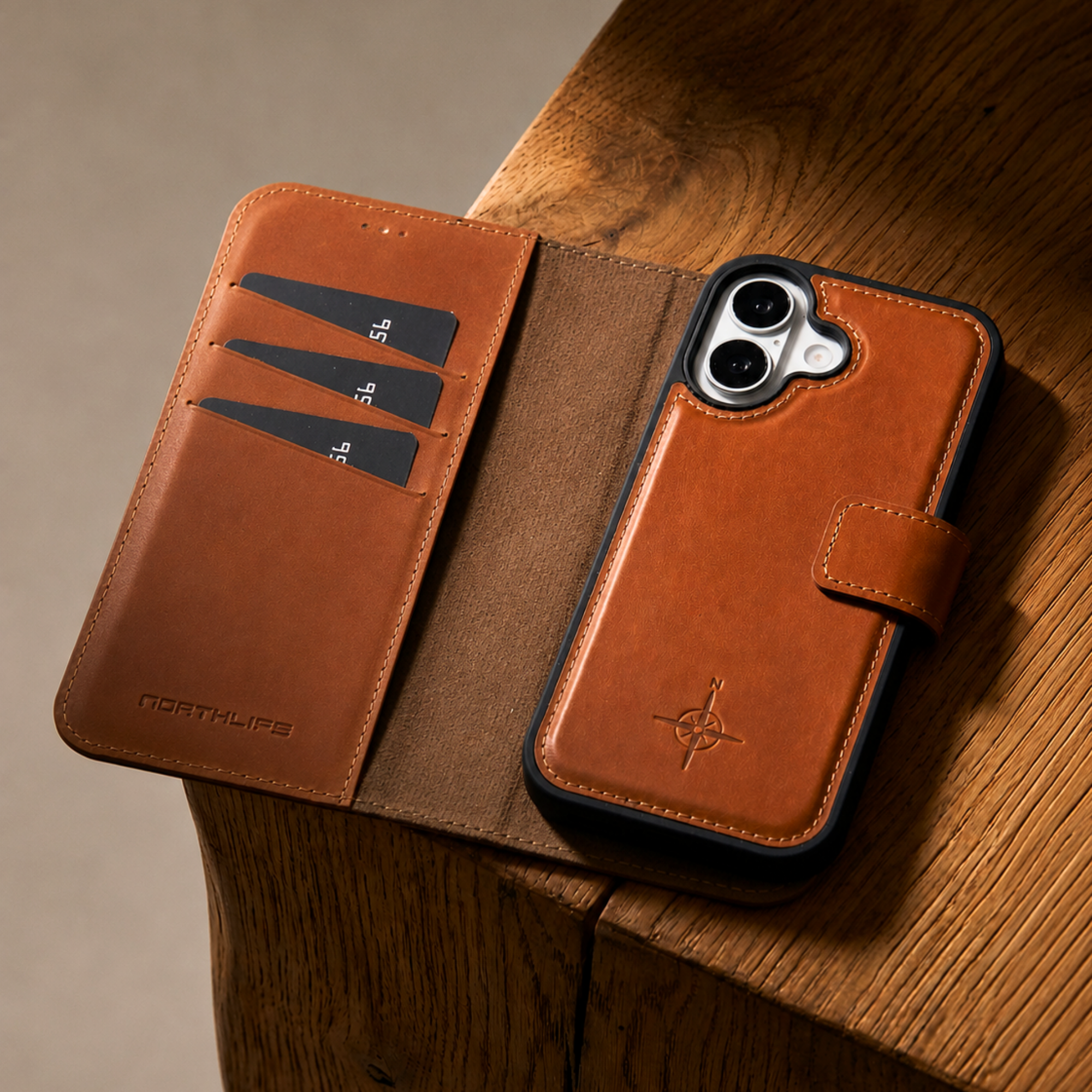 iPhone 16 Plus leren afneembare 2-in-1 bookcase telefoonhoes - Cognac