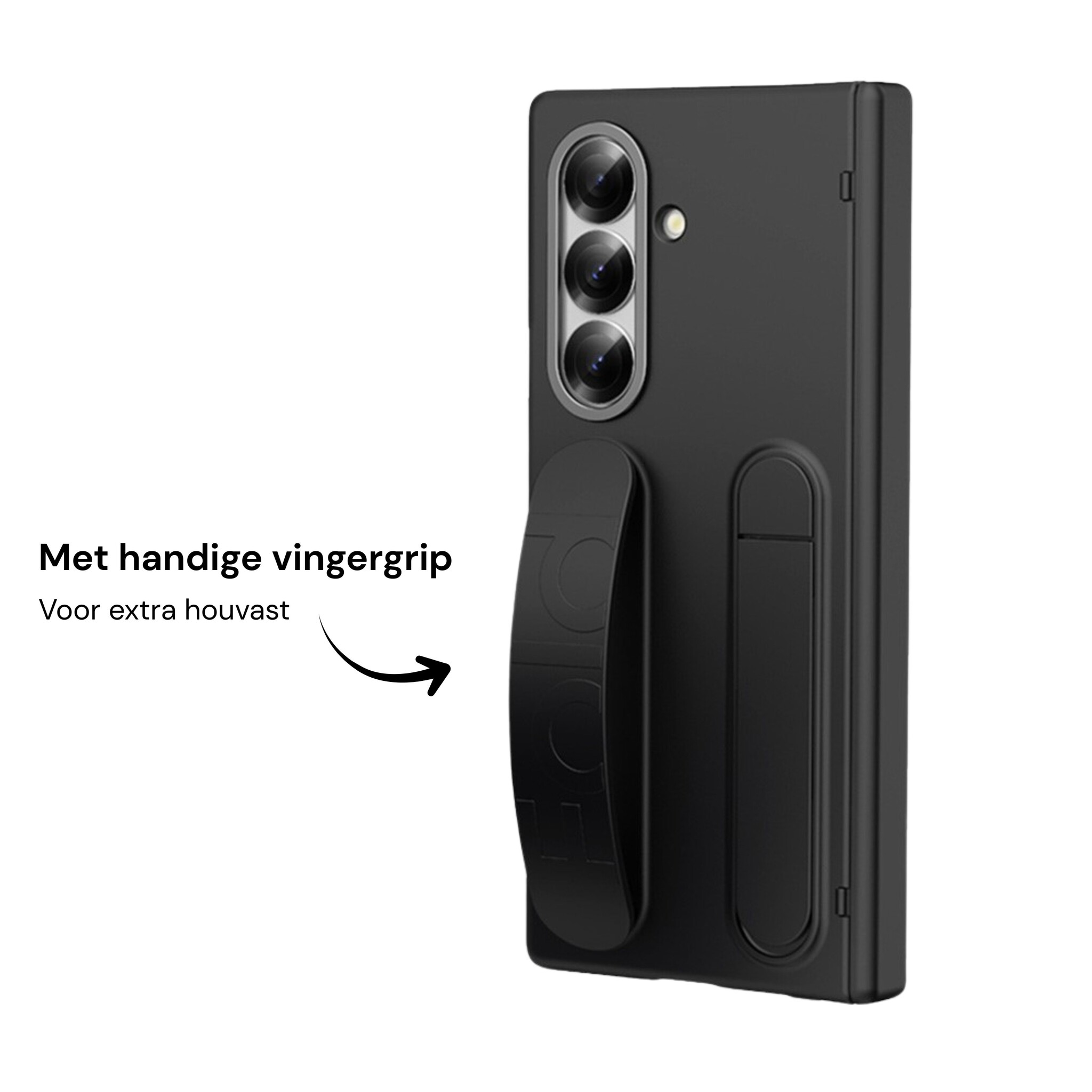 Samsung Galaxy Z Fold 8 Ultra Backcover hoes met Kickstand, Grip Ring en Comfortabele Polsband - Zwart